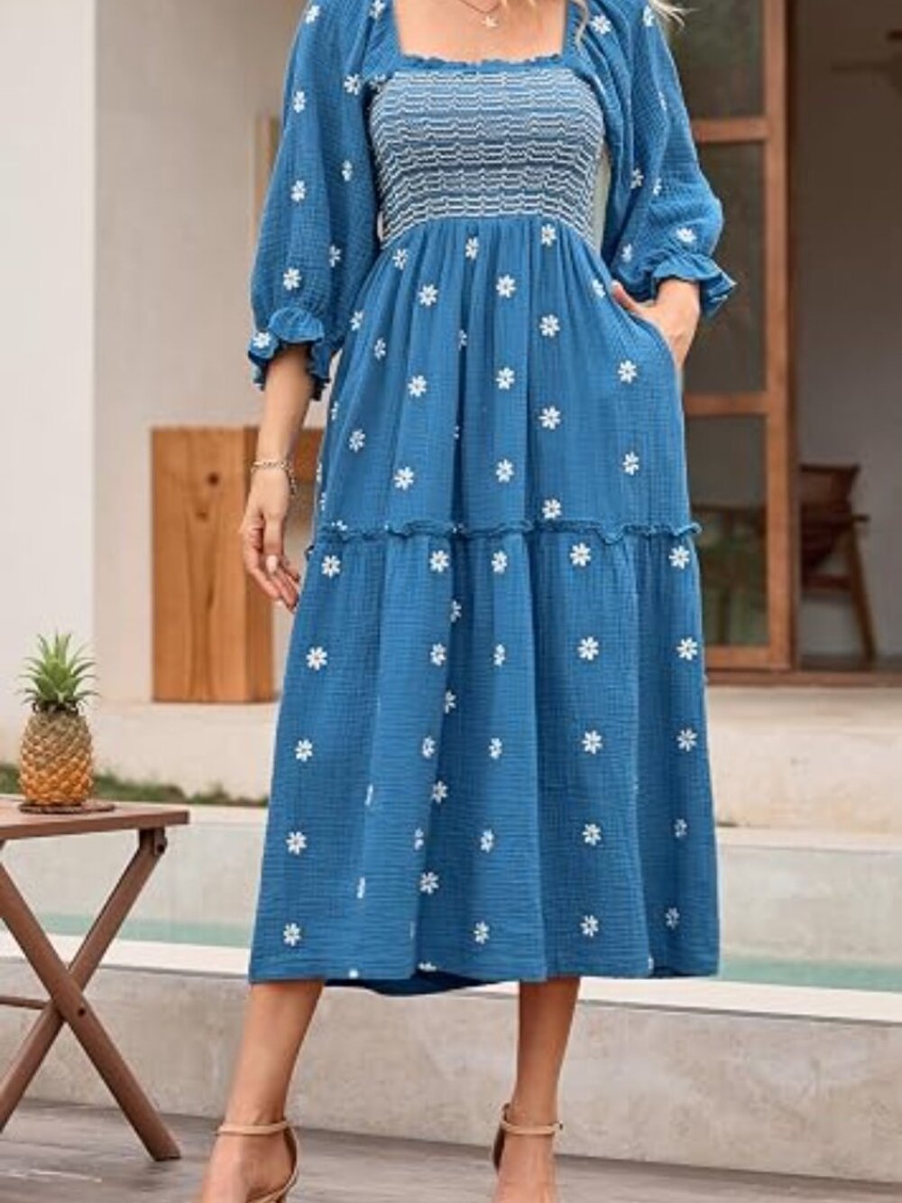 R.Vivimos Women's Cotton Floral Embroidered Boho Midi Dress with Pockets